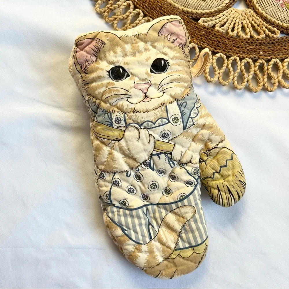 Vintage 80s Cat Cottagecore Quilted Oven Mitt Potholder - Picture 1 of 6